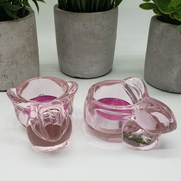 Indiana Glass Vintage Light Pink Bunny Rabbit Tealight Candle Holders Set of 2 - Picture 4 of 9